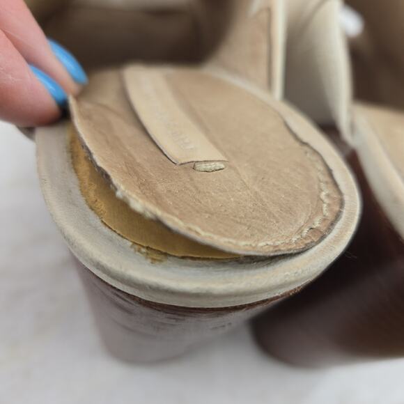 Frye Karissa Heeled Mules Womens 7.5 M Ivory Leather Chunky High Heel Peep Toe - Picture 13 of 14